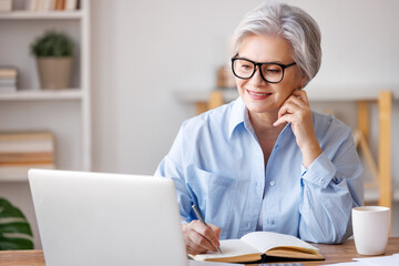 Smiling middle aged businesswoman working in home office