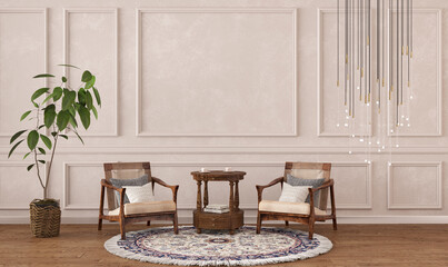 Modern interior with two armchairs decorative light wall with moldings. Wooden chairs with upholstered seat. Wooden parquet. 3D rendering