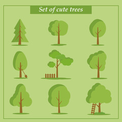 Set of cute green trees. Flat trees on a green background. Creative vector template. Wild and garden trees