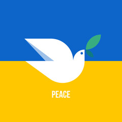 Peace dove with olive branch. Flat style vector illustration with white pigeon on background of Ukrainian flag for Ukraine and Russia military conflict and stop the war concepts