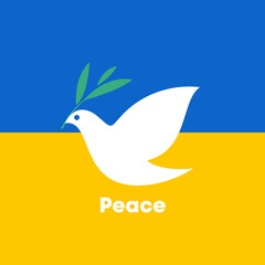 Fototapeta na wymiar Peace dove with olive branch. Flat style vector illustration with white pigeon on background of Ukrainian flag for Ukraine and Russia military conflict and stop the war concepts