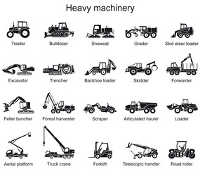 Detailed icons of heavy machinery. Vector illustration - obrazy, fototapety, plakaty