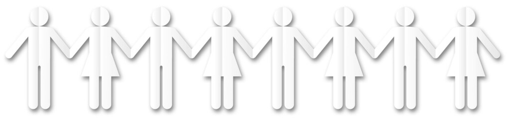 Human paper cut figures in a line - abstract teamwork concept graphic - men and women colored white with shadow on white background - 3D Illustration