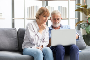 senior couple using laptop computer on sofa