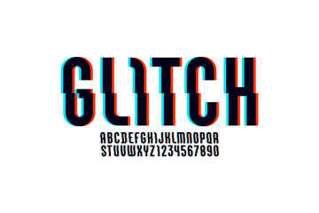Alphabet of distorted glitch effect, Shifted modern font, letters and numbers with effect sliced.