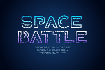 Alphabet made in technology style, font with texture, letters and numbers and punctuation marks, vector illustration 10EPS