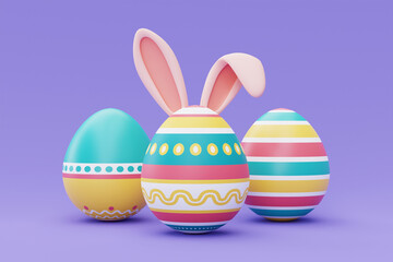 Colorful easter eggs with bunny ears on purple backgound,happy easter holiday concept.minimal style,3d rendering.