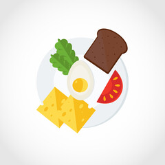 Breakfast on a plate. Boiled egg, tomato, cheese, herbs, bread.