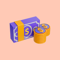 dollar note bundle and coin icon 3d render concept for money profit investment and savings