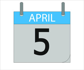 April 5st. Calendar icon. Month, date, year, holidays, week and weekend.