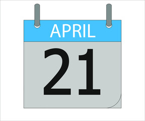 April 21st. Calendar icon. Month, date, year, holidays, week and weekend.