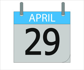 April 29st. Calendar icon. Month, date, year, holidays, week and weekend.