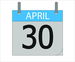 April 30st. Calendar icon. Month, date, year, holidays, week and weekend.