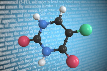 Fluorouracil scientific molecular model, 3D rendering