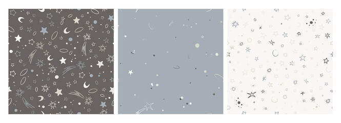 Fototapeta na wymiar Set of vector space seamless patterns with planets, comets, constellations and stars. Night sky hand drawn doodle astronomical backgrounds.
