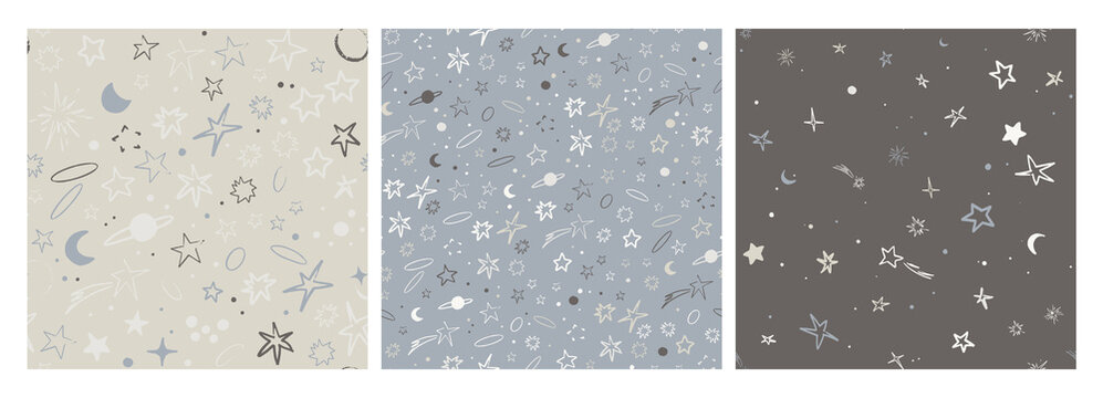Set of vector space seamless patterns with planets, comets, constellations and stars. Night sky hand drawn doodle astronomical backgrounds.