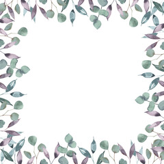 Watercolor garden plants frame banner. Design. Hand made botanical clipart on white background with space for text. For website, posters, save the date, greetings design, wedding.