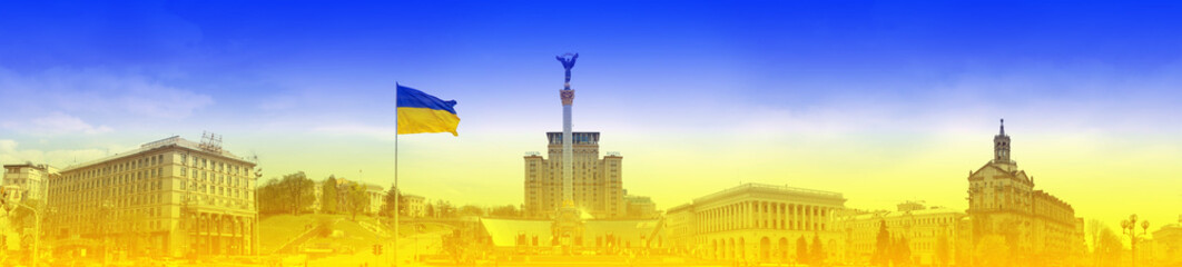 Banner flag Ukraine and panorama Kyiv centre city. Independence Square.