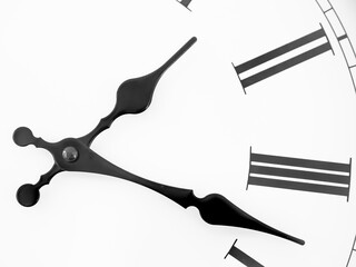 Selected focus of a clock face with black roman numerals against a white background