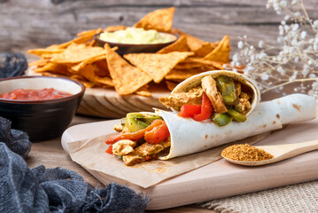 Close-up of chicken fajitas with peppers, onions and spices and guacamole sauce with tortilla chips or nachos on a wooden table