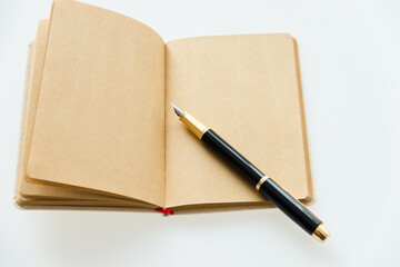 Blank organizer book and pen on table.