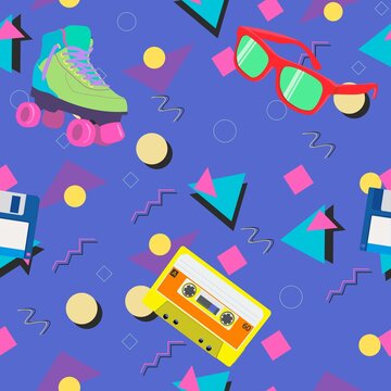 80s-90s pattern with rollerskate, sunglasses, cassette and diskette. Vetcor semaless pattern or background