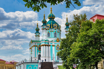 Travel to Ukraine. Church in Kiev city under blue sky. Baroque St. Andrew's Church or the Cathedral of St. Andrew designed by the imperial architect Bartolomeo Rastrelli. Kiev, Ukraine.