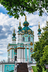 Travel to Ukraine. Church in Kiev city under blue sky. Baroque St. Andrew's Church or the Cathedral of St. Andrew designed by the imperial architect Bartolomeo Rastrelli. Kiev, Ukraine.