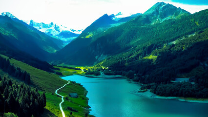 Beautiful Scenic view of mountainous Landscape with a little lake. greenery, scenery, forest. Nature Art
