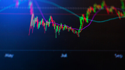 The market volatility of crypto trading with technical graph and indicator, red and green...