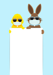 Obraz premium Osterei & Osterhase Maske Sonnenbrille Halten Großes Schild Himmel