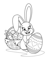 Coloring page. Cute bunny with easter egg and basket