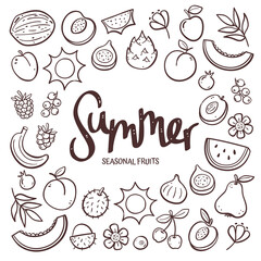 Seasonal fruits background. Hand-drawn summer fruit composition made of doodle vector icons, isolated on white background.