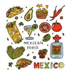Mexican cuisine, vector doodle food set. National spicy food, fast food, snacks. Sketch illustration for restaurant, menu, cafe. Fiesta mexicana