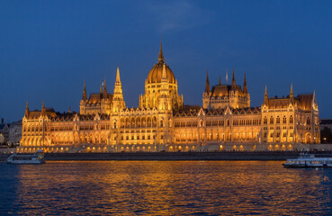 Budapest city at night, view of the Parliament