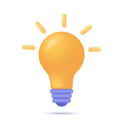 Vector 3D minimal style yellow light bulb. Icon solution and business idea. Concept of career, progress, plan, project, aim, goal, growth. Isolated on white background.