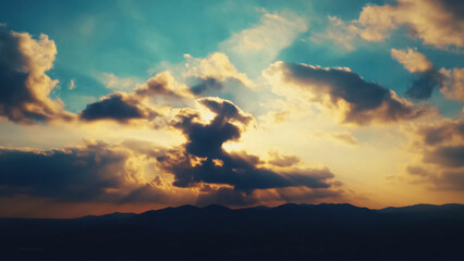 Sublime sunshine is falling through an immense cloud. Panoramic view of a night or solitude and the cessation of the day