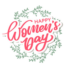 Women's Day hand drawn lettering. Red text isolated on white for postcard, poster, banner design element. Happy Women's Day script calligraphy. Ready holiday lettering design.