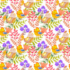 Chicken in garden farmhouse repeat seamless pattern drawing blossom flower narure woodland illustration