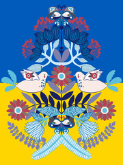 Folk botanical and animal doodle cute illustration branch leaf and flowers abstract Scandinavian style print doodle