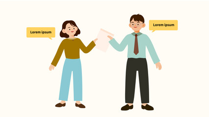 Woman and man happily passing paper documents