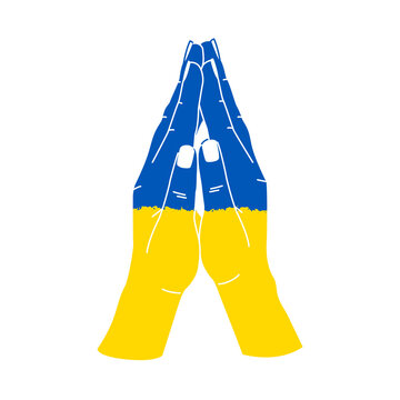 Pray for Ukraine. Prayer hands gesture colored in blue and yellow flag of Ukraine, brush texture. Pray for Ukraine