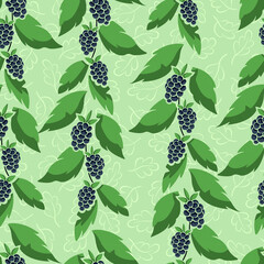 Vector seamless pattern with vertical foliate blackberry twigs on green background; perfect for wrapping paper, invitations, posters, banners and other design. - 490361493