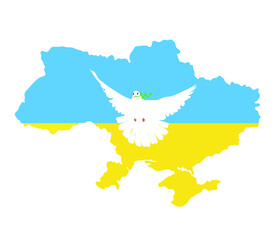 The dove of peace with an olive branch flies over the map of Ukraine. Isolated on white background. Ukrainian flag. No war. Vector illustration