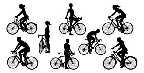 Bicycle Riding Bike Cyclists Silhouettes Set - obrazy, fototapety, plakaty