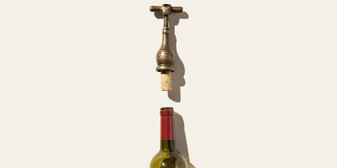 Minimal top view vintage corkscrew with uncorked cork and dark glass bottle, concept design for...