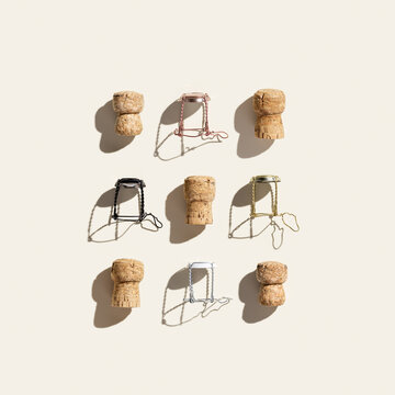 Flat lay with set champagne corks on beige background with hard light and shadows. Minimal style layout with bottle cap from sparkling wine and metal wire muselet, square pattern