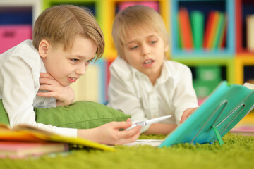 Portrait of cute two boys doing homework