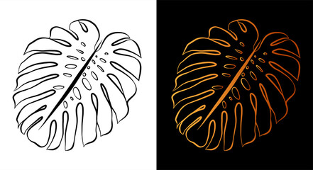 Monstera leaf outline icon, simple doodle sketch line art style, black and gold herbal botany set. Beauty elegant logo design element. Graphic isolated symbol drawing. Flat shape, wedding tattoo card.