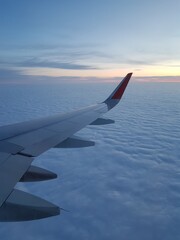 Airplane wing in the morning sky